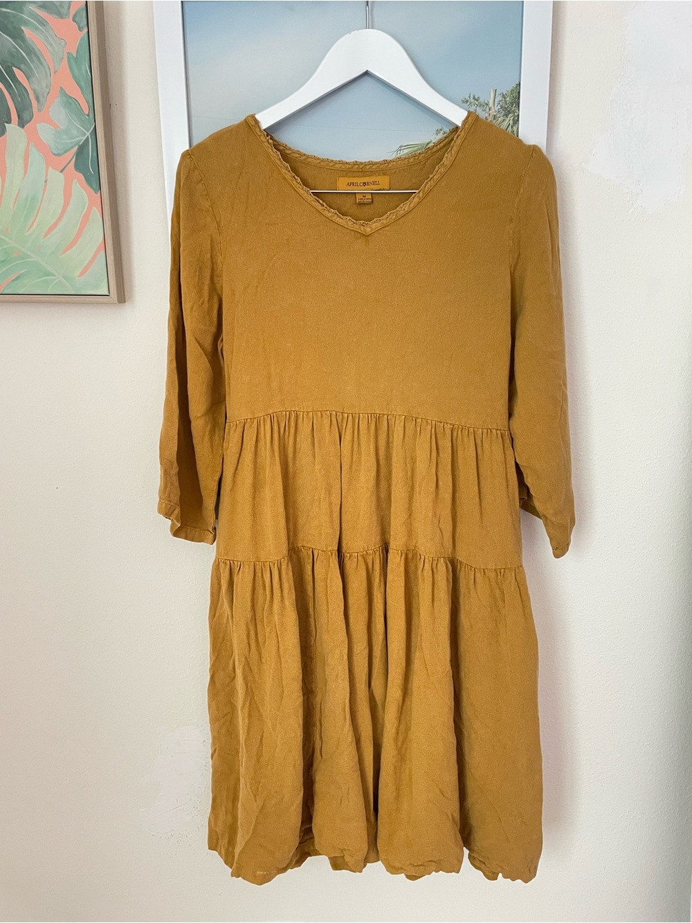 April Cornell Tiered Mini Dress in Golden Mustard Size Medium